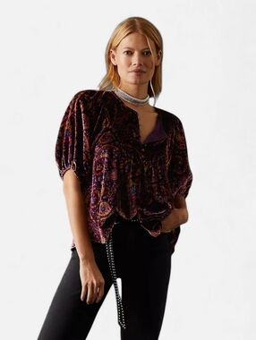 By Anthropologie Puff-Sleeve Paisley Velvet Peasant Blouse Size Large